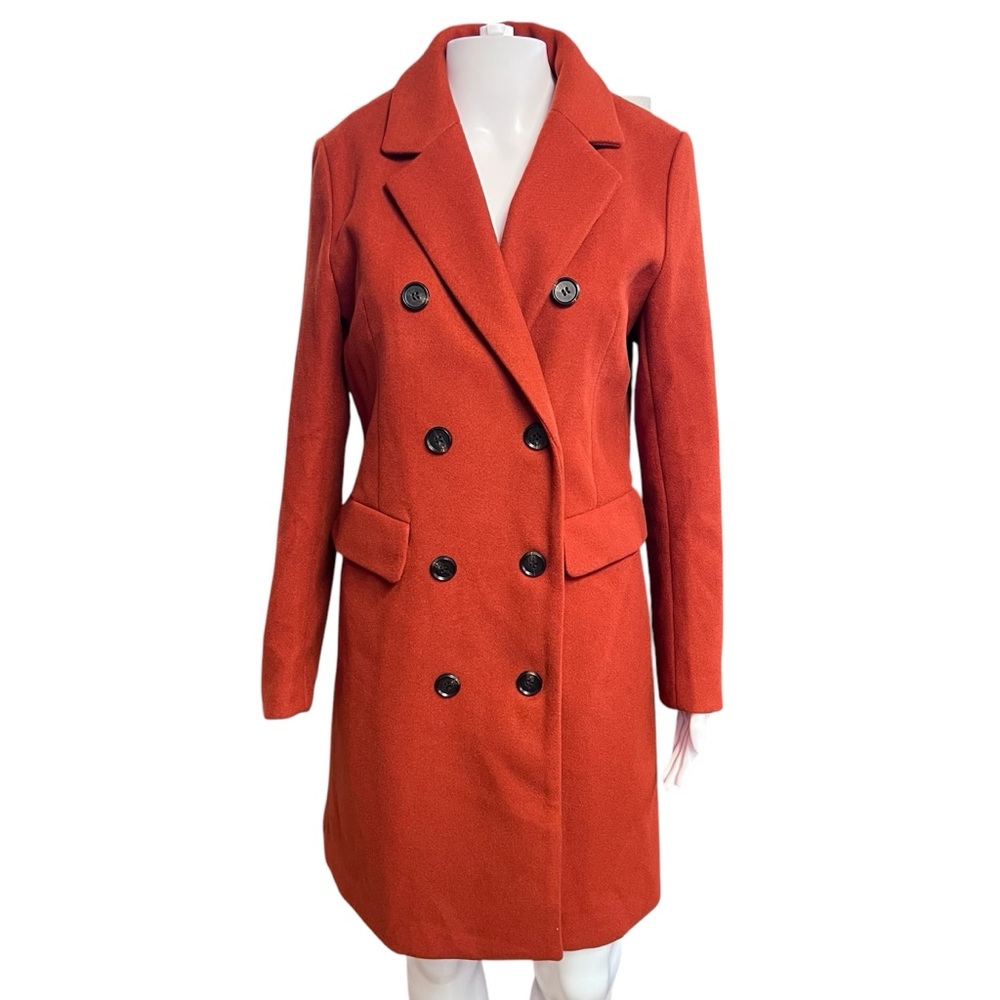 Allegra K NWT Women’s Burnt Orange Pea Coat Double-Breasted Knee-Length Sz. SM